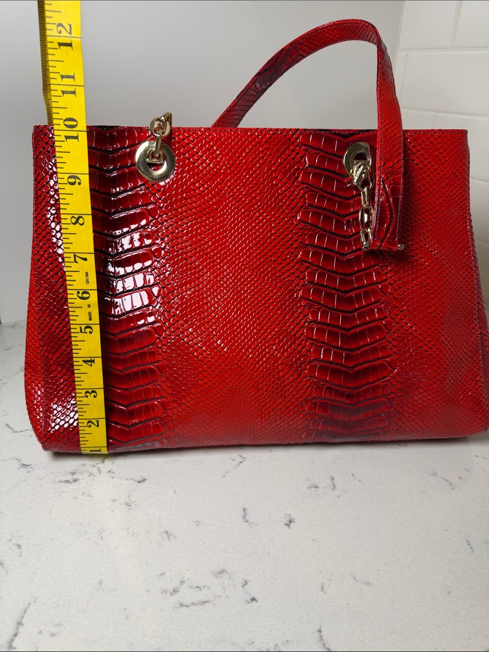 Red Snake-Embossed Shoulder Tote with Gold Hardware - Picture 13 of 14